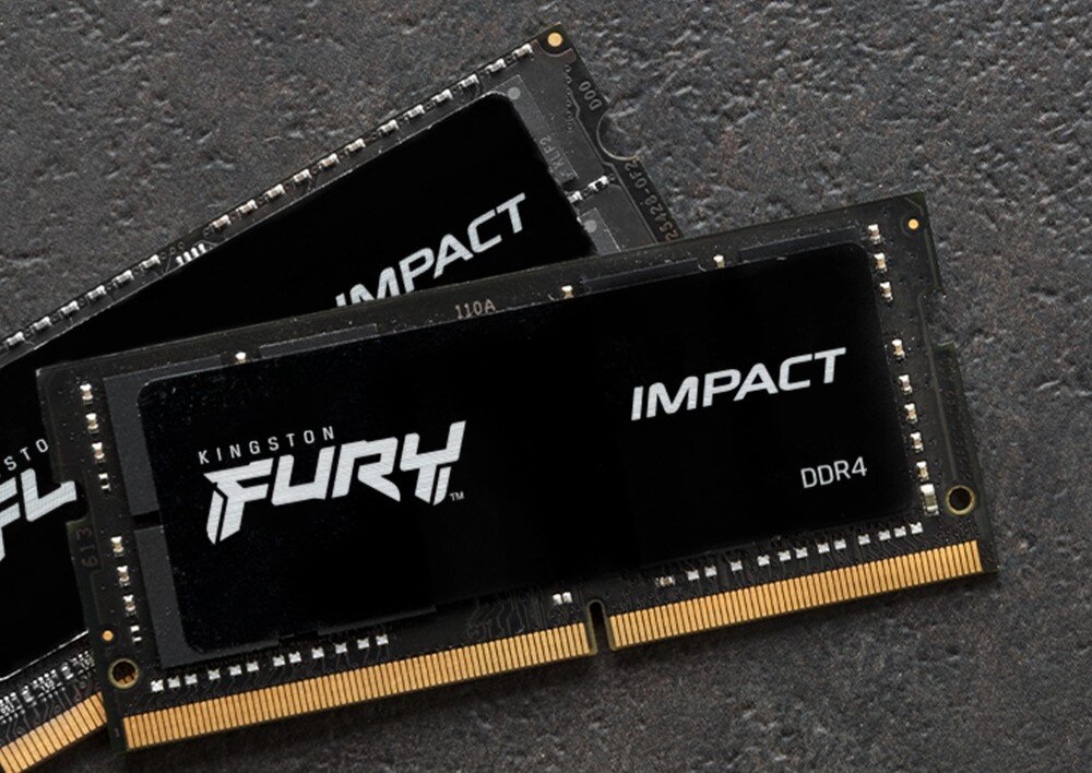 Pamięć RAM KINGSTON Fury Impact 32GB 3200MHz Dwa czarne moduły pamięci z logo 'FURY' i napisem 'IMPACT DDR4' ułożone jeden na drugim na szorstkiej, ciemnej powierzchni, kompatybilność z AMD Ryzen