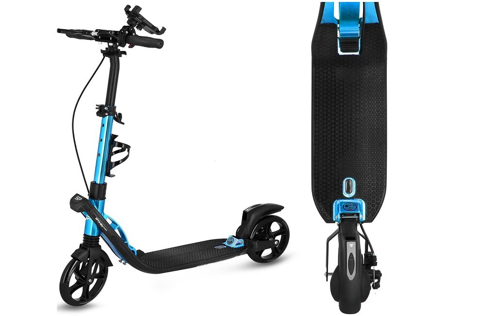 Hulajnoga SPOKEY Taranis Czarno niebieski Idealna zarówno do rekreacyjnej jak i szybkiej jazdy Zapewnia możliwość transportowania jej jak walizkę