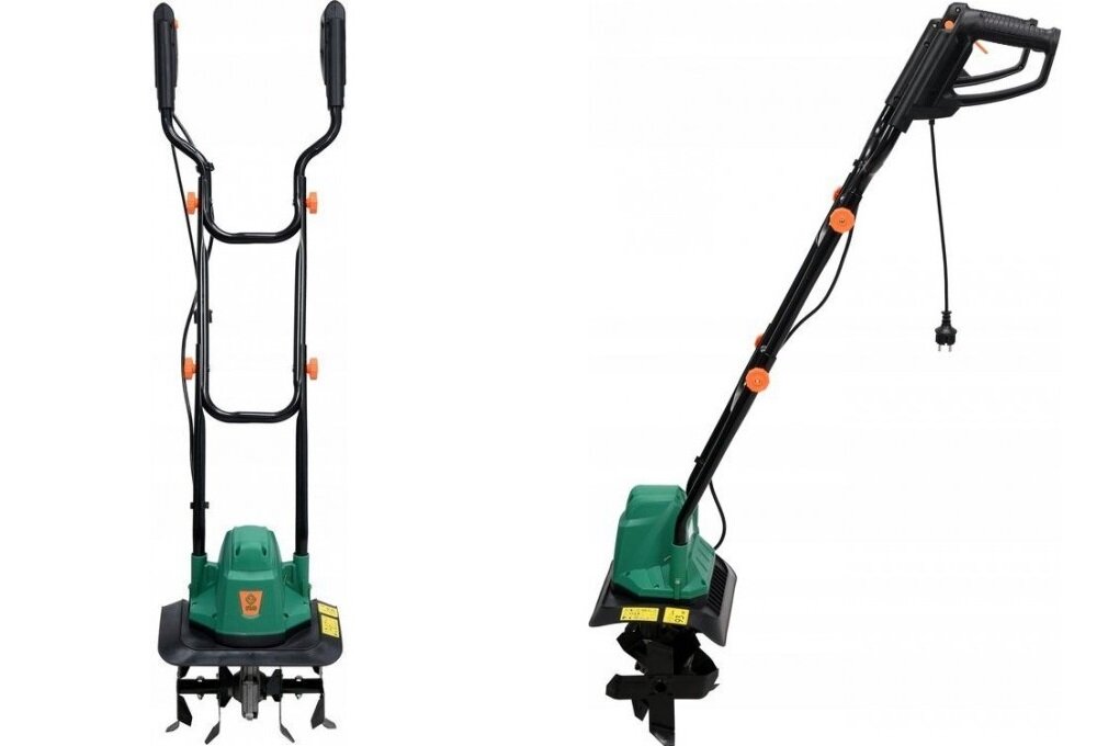Glebogryzarka elektryczna FLO 79725 nieduż rozmiary waga 8 kg solidna obudowa odporna na uderzenia kamieni i brył ziemi w zielono-czarnym kolorze