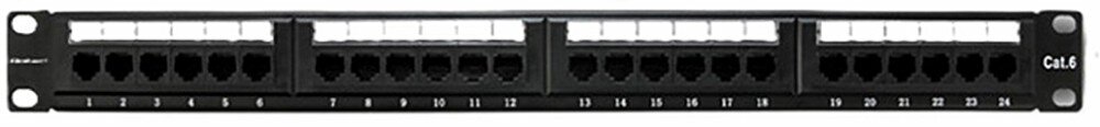 Patch panel Rack QOLTEC 54474 Widok na cały panel z dwudziestoma czterema portami RJ45 ułożonymi w czterech sekcjach po sześć gniazd, nad nimi znajdują się białe pola opisowe, po prawej stronie oznaczenie kategorii 6, porty, zastosowanie