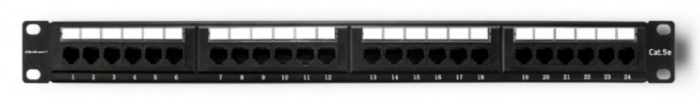 Patch panel Rack QOLTEC 54475 Widok na cały panel z dwudziestoma czterema portami RJ45 ułożonymi w czterech sekcjach po sześć gniazd, nad nimi znajdują się białe pola opisowe, po prawej stronie oznaczenie kategorii 6, porty, zastosowanie