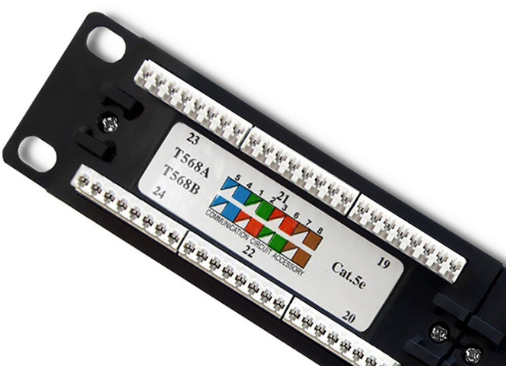 Patch panel Rack QOLTEC 54475 Tył panelu z widocznymi złączami do montażu przewodów i kolorowym schematem połączeń kategorii 6 umieszczonym pośrodku, z oznaczeniami portów od 19 do 24, kompatybilność, przewody