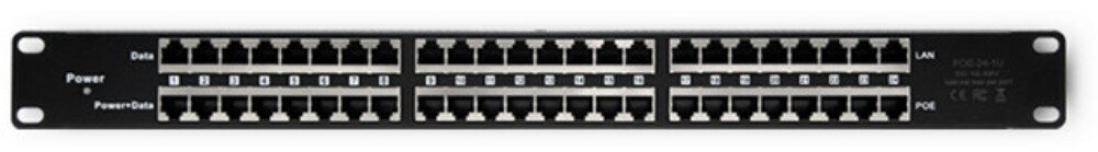Patch panel RACK QOLTEC 54477 Widok całego panelu z dwoma rzędami 24 portów RJ45 oraz oznaczeniami 'Data', 'Power' i 'Power+Data' umieszczonego na czarnym metalowym froncie z uchwytami montażowymi po bokach, zastosowanie, porty