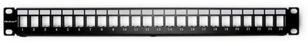 Patch panel QOLTEC 54479 czarny panel z dwudziestoma czterema otworami ustawionymi w jednym rzędzie, każdy z numerem od 1 do 24 i białym polem opisowym nad gniazdem, zastosowanie, porty