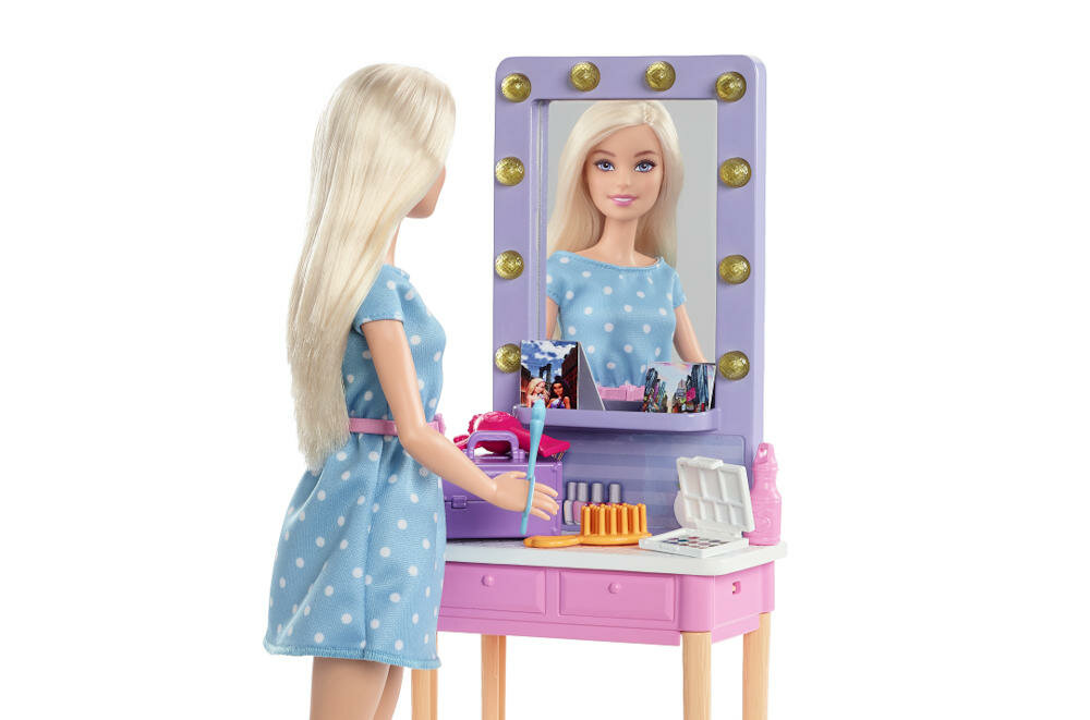 MATTEL-BARBIE-BIG-CITY-GYG39 zestaw barbie występ toaletka lustro akcesoria tekst wygląd