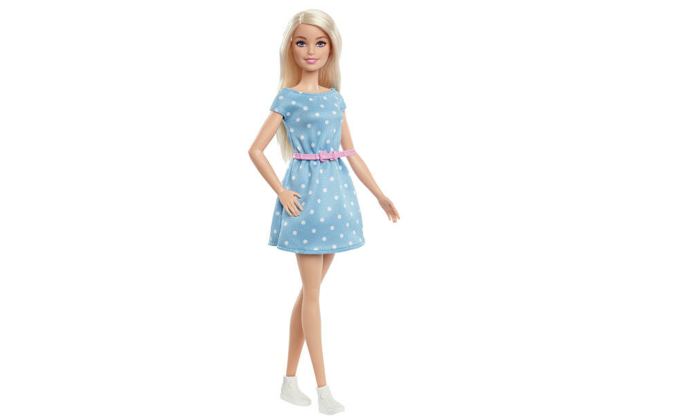MATTEL-BARBIE-BIG-CITY-GYG39 filmowy wygląd sukienka groszki pasek buty zabawka