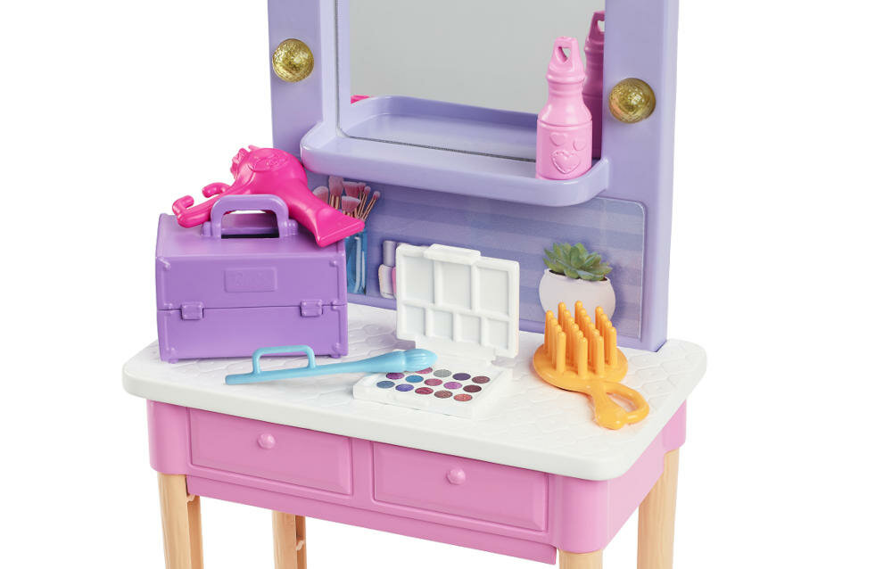 MATTEL-BARBIE-BIG-CITY-GYG39 wyobraźnia świetna zabawa akcesoria historia szczotka włosy suszarka paletka makijaż detale