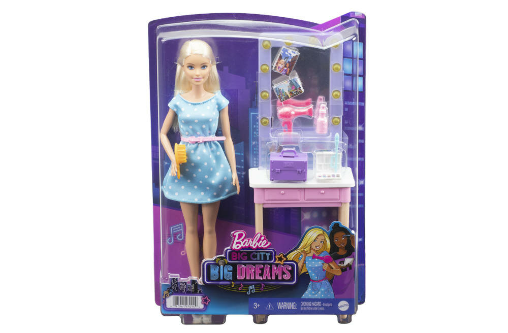 MATTEL-BARBIE-BIG-CITY-GYG39 opakowanie lalka toaletka akcesoria instrukcja karta gwarancyjna