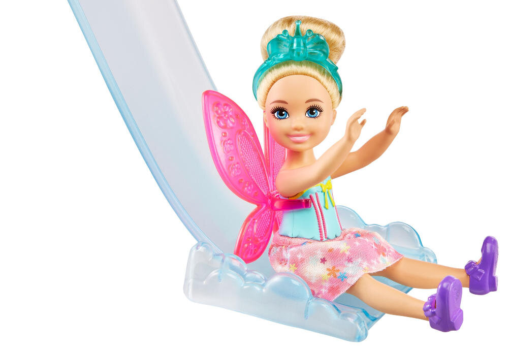 MATTEL-CHELSEA-FANTAZJA-GTF49 zestaw wzory detale zjeżdżalnia domek huśtawka zabawa wyobraźnia zabawa magiczny wymiary