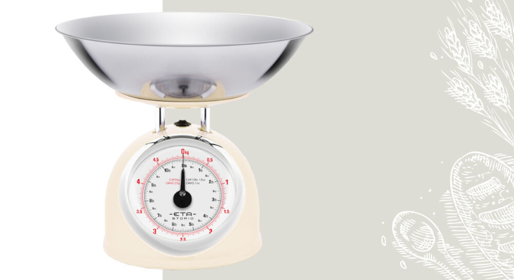 Waga kuchenna ETA Storio 577790040 biało szare tło beżowa waga duży wskaźnik srebrna miska w stylu retro praktyczność klasyczne kontury dopracowane detale delikatny odcień beżu funkcjonalne narzędzie do codziennego użytku akcent dekoracyjny 