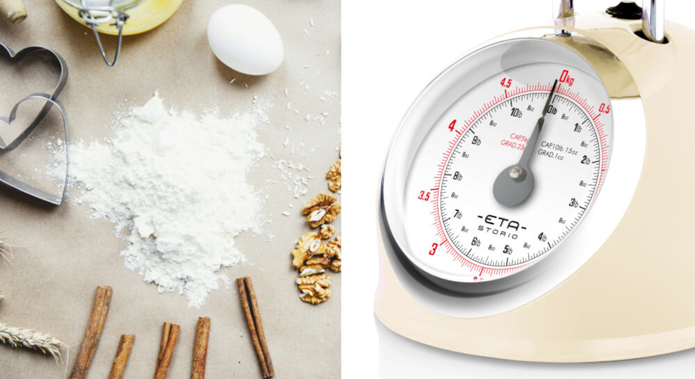 Waga kuchenna ETA Storio 577790040 beżowa waga tarcza wskazówka obok rozsypana mąka misa o pojemności 2 litrów ze stali nierdzewnej podczas odmierzania większych ilości składników duża i wyraźna tarcza prosta obsługa intuicyjne dla każdego członka rodziny praktyczność stylowy design