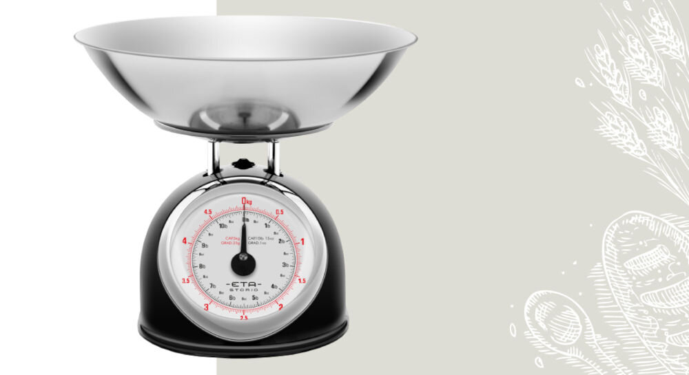 Waga kuchenna ETA Storio 577790020 biało szare tło czarna waga duży wskaźnik srebrna miska w stylu retro praktyczność klasyczne kontury dopracowane detale czarny kolor funkcjonalne narzędzie do codziennego użytku akcent dekoracyjny 
