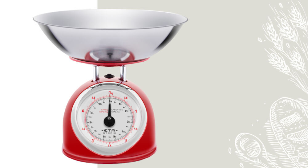 Waga kuchenna ETA Storio 577790030 biało szare tło czerwona waga duży wskaźnik srebrna miska w stylu retro praktyczność klasyczne kontury dopracowane detale czerwony kolor funkcjonalne narzędzie do codziennego użytku akcent dekoracyjny 