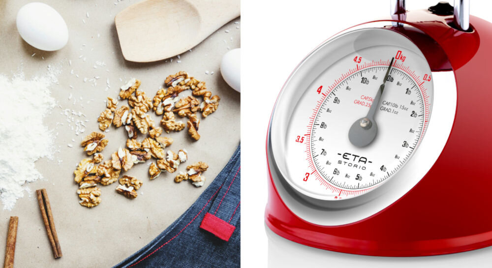 Waga kuchenna ETA Storio 577790030 czerwona waga duża tarcza wskazówka obok leżą rozłupane orzechy misa o pojemności 2 litrów ze stali nierdzewnej podczas odmierzania większych ilości składników duża i wyraźna tarcza prosta obsługa intuicyjne dla każdego członka rodziny praktyczność stylowy design
