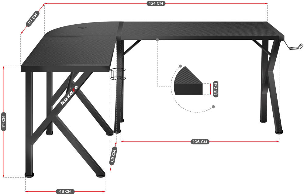 Biurko gamingowe HUZARO Hero 6.3 Czarny prezentacja biurka oraz jego wymiarów na białym tle funkcjonalny model narożny ułatwia organizację stanowiska 154 cm długości 74 cm wysokości segment boczny głębokość 69 cm stabilna rama z nogą o szerokości 48 cm solidność komfort