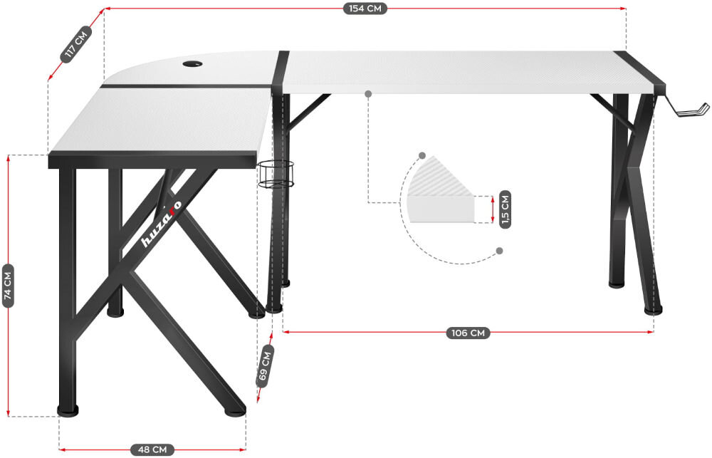 Biurko gamingowe HUZARO Hero 6.3 Biały prezentacja biurka oraz jego wymiarów na białym tle funkcjonalny model narożny ułatwia organizację stanowiska 154 cm długości 74 cm wysokości segment boczny głębokość 69 cm stabilna rama z nogą o szerokości 48 cm solidność komfort