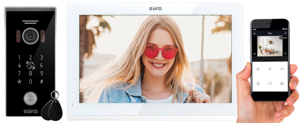 Wideodomofon EURA VDP-99C5 Biały intuicyjny w obsłudze przycisk wywołania wywołanie monitora smartfon aplikacja mobilna Tuya Smart odbieranie połączeń sterowanie ryglem elektromagnetycznym automatem bramowym wykonywanie zdjęć rejestrowanie filmów na Andrioid i iOS