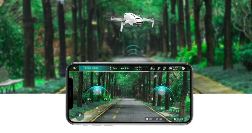 Dron FIMI X8 Mini Pro bateria lot sterowanie akrobacje czas lotu zasięg funkcje lądowanie kamera rozdzielczość filmy zdjęcia nagrywanie jakość ładowanie aplikacja przesył pilot śmigła stabilizacja fotografia waga wymiary konstrukcja obudowa korpus ramiona silnik