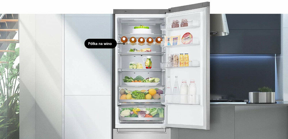 Lodówka LG GBB62PZGGN półka na wino butelki