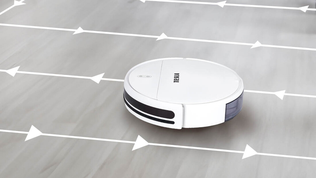 Robot sprzątający TESLA RoboStar IQ100 Biały nawigacja FASTtrack 4.0 skanuje otoczenie planuje trasę sprzątania unika przeszkód pokonuje niskie progi sprząta wzdłuż ścian oraz w rogach