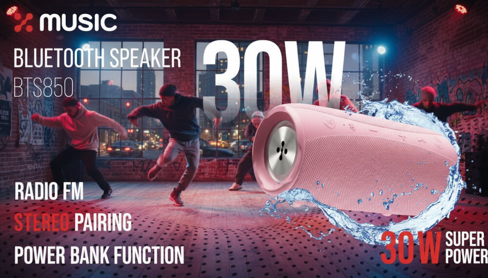 Głośnik Bluetooth XMUSIC BTS850G o dużej mocy 30W z funkcją powerbanku i radia FM, pokazany z dynamicznym efektem rozpryskującej się wody na tle tancerzy breakdance.