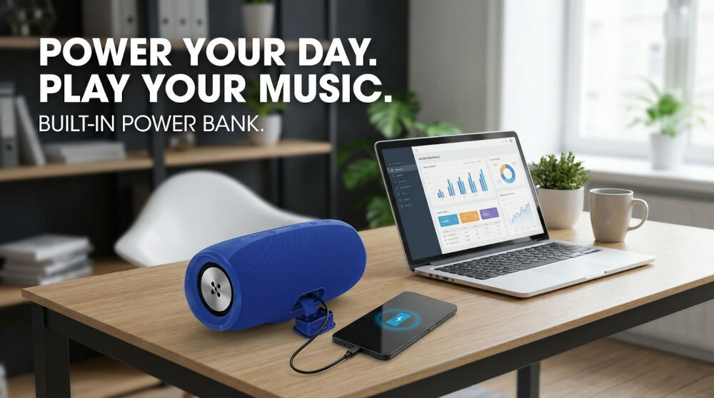 Głośnik XMUSIC BTS850G pełniący funkcję powerbanku, ładujący smartfon kablem USB na biurku obok laptopa z wykresami biznesowymi.