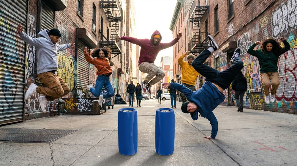 Dwa pionowo ustawione głośniki Bluetooth XMUSIC na miejskiej ulicy, otoczone przez grupę tancerzy wykonujących akrobacje na tle ceglanych budynków i graffiti.