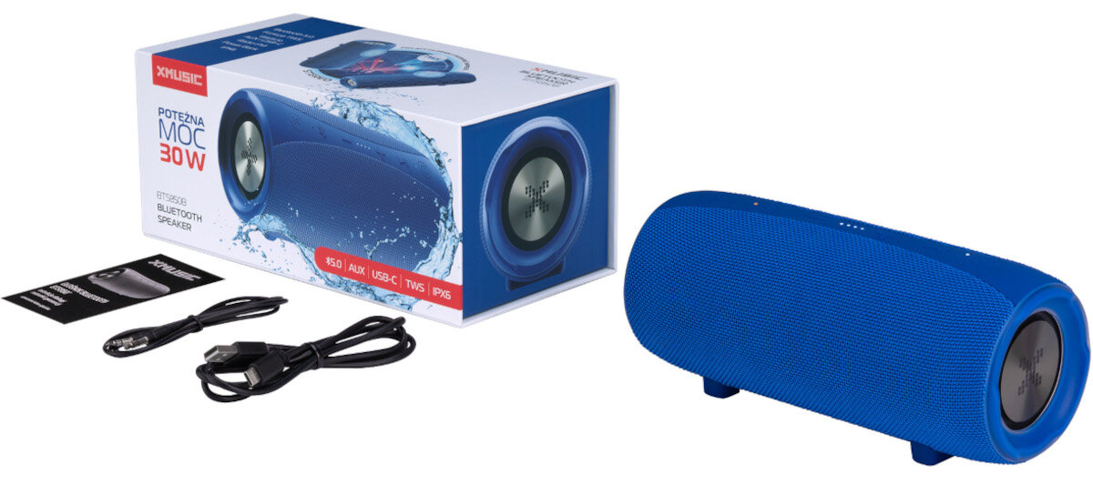 GŁOSNIK MOBILNY XMUSIC BTS850G BLUETOOTH niebieski zawartosc opakowania
