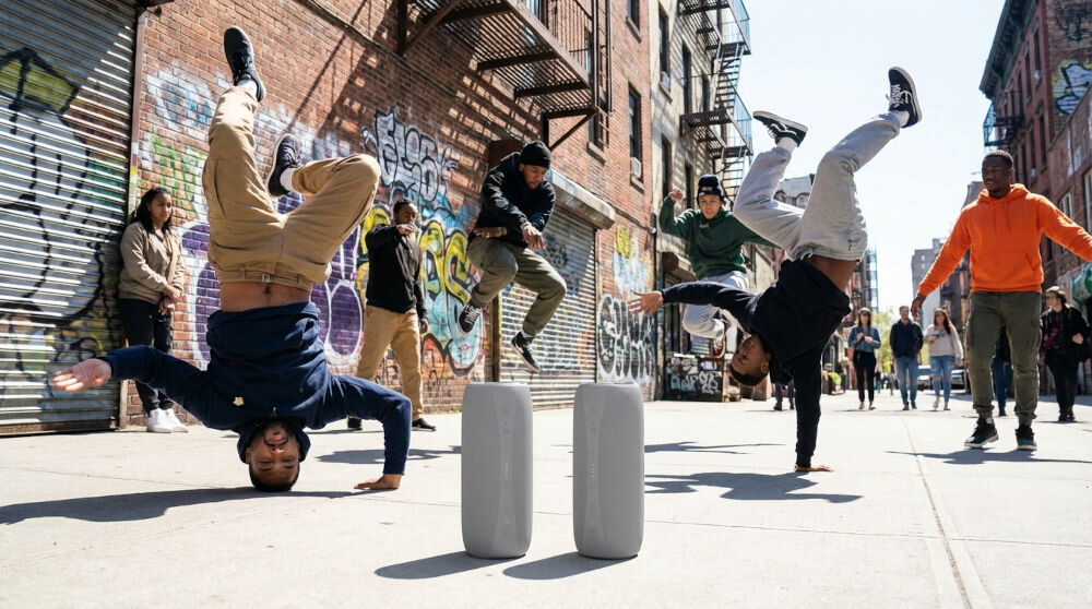 Dwa pionowo ustawione głośniki Bluetooth XMUSIC na miejskiej ulicy, otoczone przez grupę tancerzy wykonujących akrobacje na tle ceglanych budynków i graffiti.