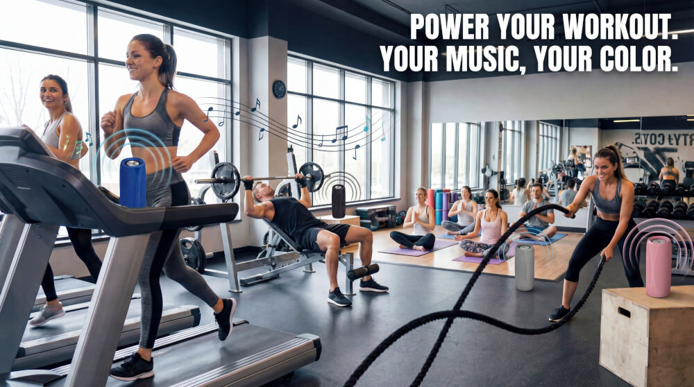 Dynamiczna scena na siłowni z osobami ćwiczącymi na bieżniach i z ciężarami, prezentująca kolorowe głośniki bezprzewodowe Xmusic oraz napis „Power your workout. Your music, your color.
