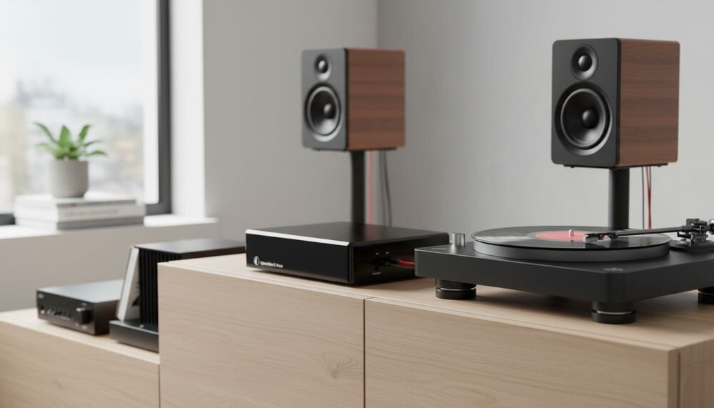 Przedwzmacniacz gramofonowy PRO-JECT Optical Box E Phono, konwersja A/D, wyjście analogowe i optyczne, urządzenie stojące na komodzie