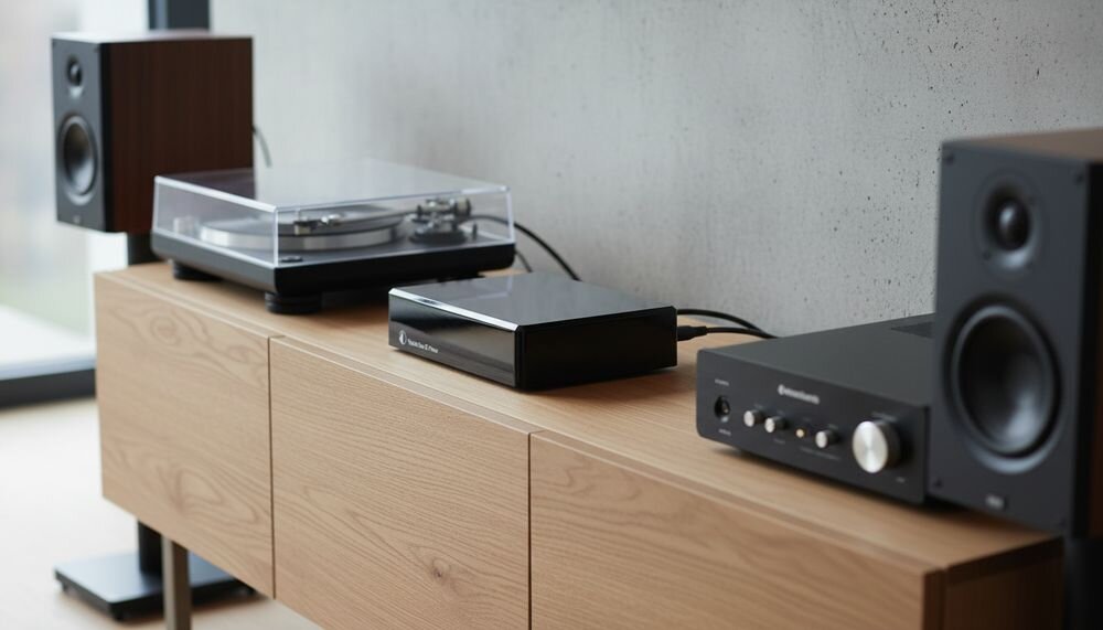 Przedwzmacniacz gramofonowy PRO-JECT Optical Box E Phono, konwersja A/D, wyjście RCA i optyczne, rozdzielacz 1 do 2, urządzenie stojące na szafce