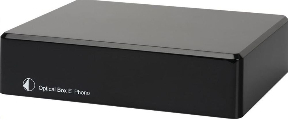 Przedwzmacniacz gramofonowy PRO-JECT Optical Box E Phono, wejścia Phono i Line In, konwersja A/D, magnetofon tuner, urządzenie na białym tle