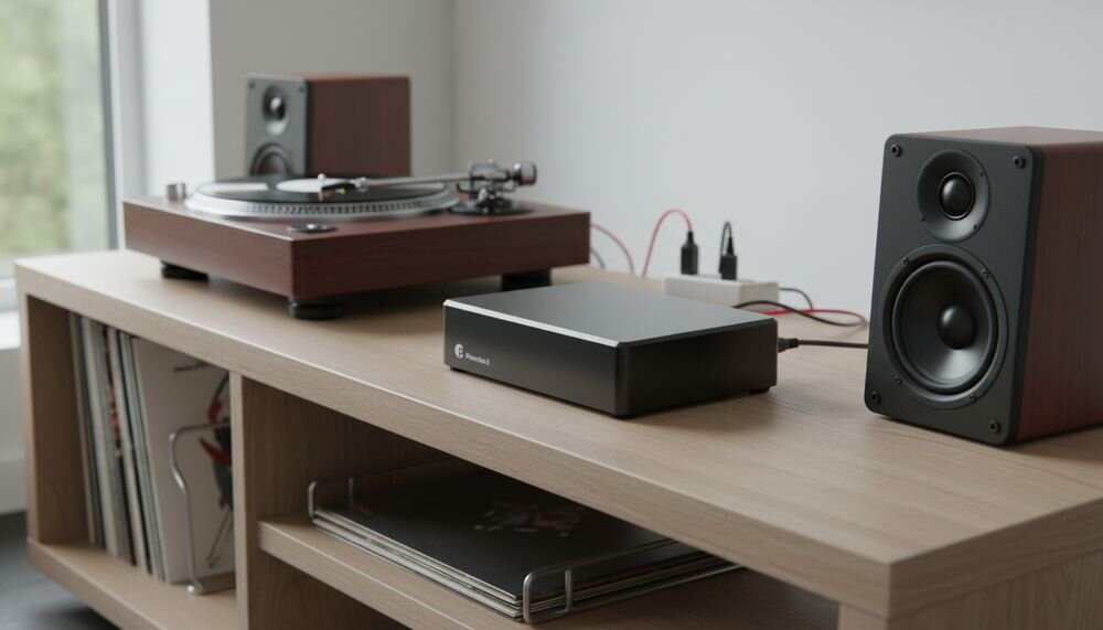 PRO-JECT Phono Box E przedwzmacniacz gramofonowy MM z korekcją RIAA i wejściem AUX, urządzenie na szafce