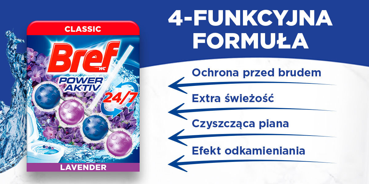 Kostka do WC BREF Power Aktiv Lawenda Opakowanie zawieszki do WC Bref Power Aktiv Lavender (fioletowe, z kwiatami lawendy) z czterema strzałkami wskazującymi na listę funkcji: Ochrona przed brudem, Extra świeżość, Czyszcząca piana oraz Efekt odkamieniania. Nagłówek: 4-FUNKCYJNA FORMUŁA.