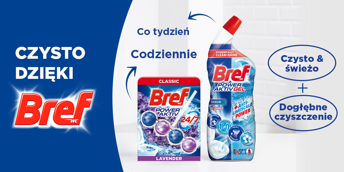 Kostka do WC BREF Power Aktiv Lawenda Grafika promująca dwa produkty Bref: zawieszkę Bref Power Aktiv Lavender (do codziennego użytku) i butelkę żelu Bref Power Aktiv Gel Ocean (do cotygodniowego użytku). Obok teksty: Czysto & świeżo oraz Dogłębne czyszczenie. Po lewej duże logo Bref WC i napis CZYSTO DZIĘKI BREF