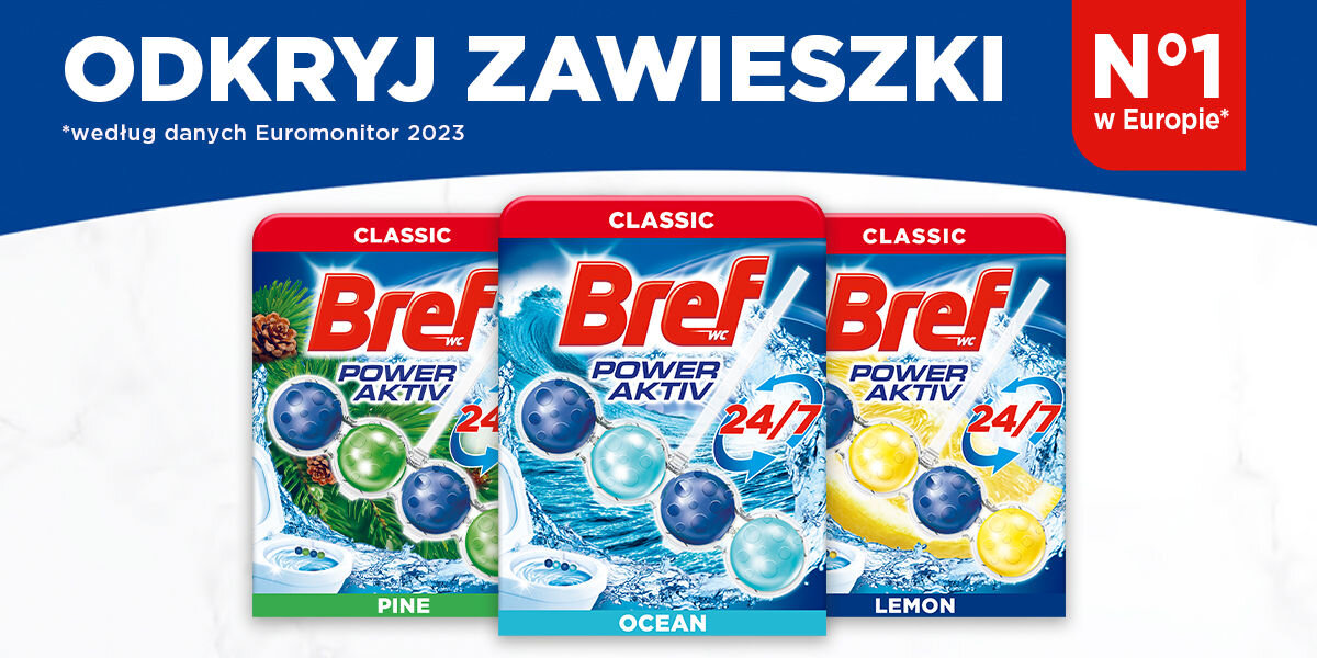 Kostka do WC BREF Power Aktiv Ocean Grafika promocyjna. Trzy opakowania zawieszek Bref Power Aktiv Classic ustawione w rzędzie: zielone (Pine), niebiesko-turkusowe (Ocean) z falami wody i żółto-niebieskie (Lemon) z cytryną. W prawym górnym rogu hasło: N°1 w Europie. W górnej części widoczny napis: ODKRYJ ZAWIESZKI