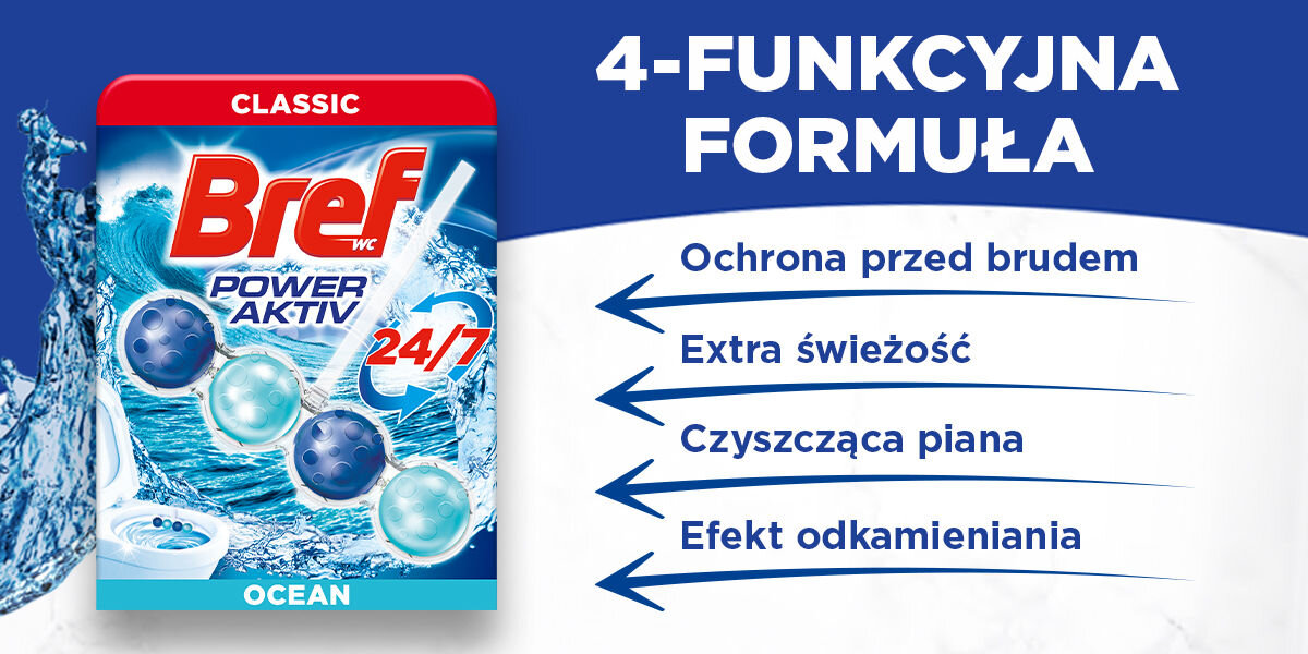 Kostka do WC BREF Power Aktiv Ocean Opakowanie zawieszki do WC Bref Power Aktiv Ocean (niebiesko-turkusowe, z falami i kroplami wody) z czterema strzałkami wskazującymi na listę funkcji: Ochrona przed brudem, Extra świeżość, Czyszcząca piana oraz Efekt odkamieniania. Nagłówek: 4-FUNKCYJNA FORMUŁA