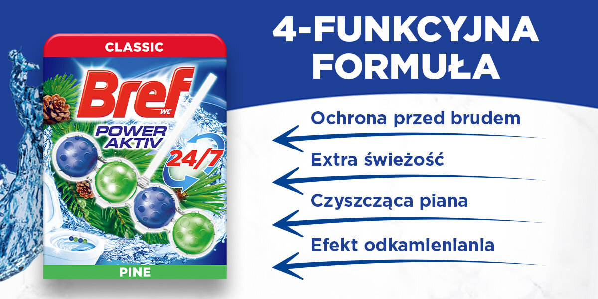 Kostka do WC BREF Power Aktiv Sosna Opakowanie zawieszki do WC Bref Power Aktiv Pine (zielone z szyszkami i igliwiem) z czterema strzałkami wskazującymi na listę funkcji: Ochrona przed brudem, Extra świeżość, Czyszcząca piana oraz Efekt odkamieniania. Nagłówek: 4-FUNKCYJNA FORMUŁA