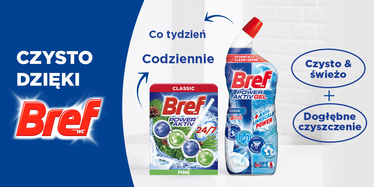 Kostka do WC BREF Power Aktiv Sosna Grafika promująca produkty Bref: zawieszkę Bref Power Aktiv Pine (do codziennego użytku) oraz butelkę żelu Bref Power Aktiv Gel Ocean (do cotygodniowego użytku). Obok teksty: Czysto & świeżo oraz Dogłębne czyszczenie. Po lewej duże logo Bref WC.