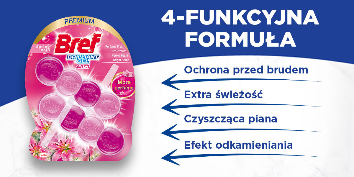 Kostka do WC BREF Brilliant Gel All in 1 Wiosenny deszcz 4-Funkcyjna Formuła Żelowa zawieszka toaletowa Bref Brilliant Gel All-in-1 Spring Rain różowa wraz z tekstem 4-FUNKCYJNA FORMUŁA i listą korzyści: Ochrona przed brudem, Extra świeżość, Czyszcząca piana, Efekt odkamieniania.