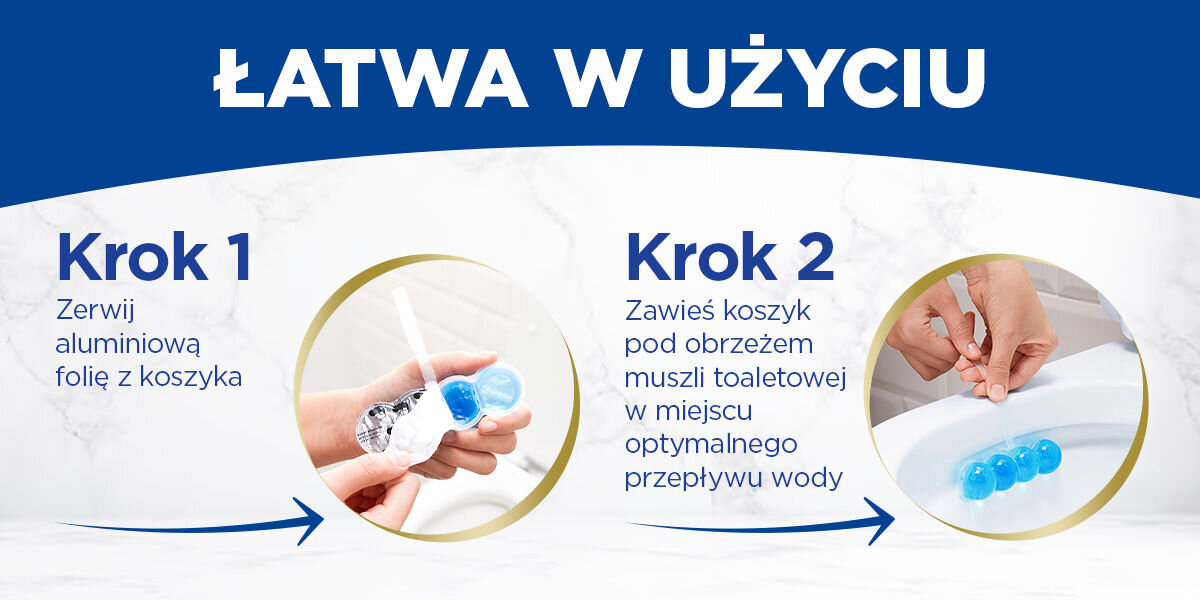 Kostka do WC BREF Deluxe Delikatna Magnolia Instrukcja użycia zawieszki Bref Brilliant Gel. Tytuł: ŁATWA W UŻYCIU. Krok 1: Osoba zrywa aluminiową folię z koszyka. Krok 2: Wiesza koszyk z niebieskim żelem pod obrzeżem muszli toaletowej w miejscu optymalnego przepływu wody.