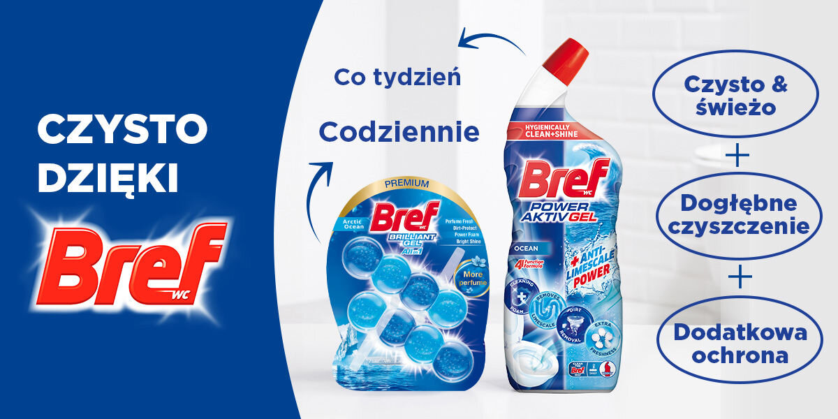 Kostka do WC BREF Deluxe Delikatna Magnolia Porównanie dwóch produktów Bref WC. Zawieszka Bref Brilliant Gel All in 1 Arctic Ocean (Premium) do użytku codziennego oraz żel Bref Power Aktiv Gel Ocean do głębokiego czyszczenia (Co tydzień). Napis: CZYSTO DZIĘKI BREF WC. Korzyści z użycia żelu: Czysto & świeżo + Dogłębne czyszczenie + Dodatkowa ochrona.
