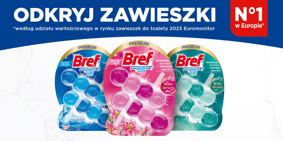 Kostka do WC BREF Brilliant Gel All in 1 Wiosenny deszcz Odkryj Zawieszki Bref Reklama żelowych zawieszek toaletowych Bref Brilliant Gel All-in-1 w trzech wariantach zapachowych Arctic Ocean niebieski, Spring Rain różowy i Perfume Fresh zielony. Na górze duży napis ODKRYJ ZAWIESZKI oraz N°1 w Europie według udziału wartościowego w rynku zawieszek do toalety 2023 Euromonitor.