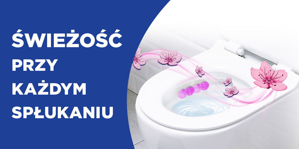 Kostka do WC BREF Brilliant Gel All in 1 Wiosenny deszcz Świeżość przy każdym spłukaniu Ujęcie na wnętrze toalety, gdzie zawieszona jest różowa żelowa zawieszka Bref. Z toalety wydobywa się wizualizacja świeżości w postaci różowych kwiatów wiśni i aromatycznego dymu. Tekst na obrazie: ŚWIEŻOŚĆ PRZY KAŻDYM SPŁUKANIU.