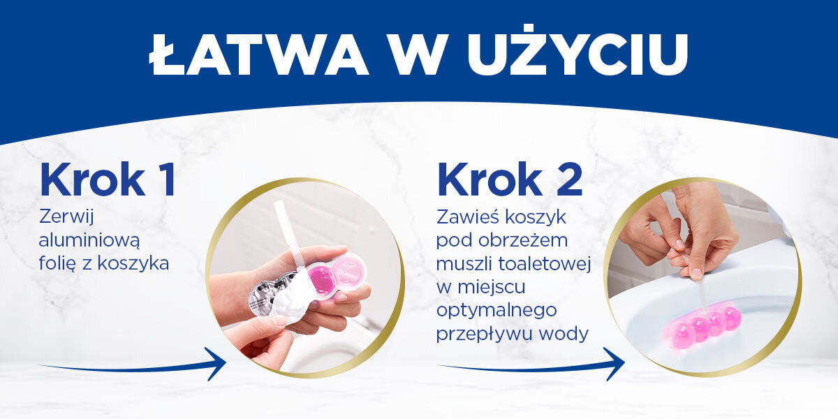 Kostka do WC BREF Brilliant Gel All in 1 Wiosenny deszcz Łatwa w użyciu - Instrukcja Instrukcja użycia żelowej zawieszki Bref przedstawiona w dwóch krokach. Tytuł: ŁATWA W UŻYCIU. Krok 1: Zdjęcie dłoni odrywających aluminiową folię z koszyka z różowymi żelowymi kulkami. Tekst: Krok 1 Zerwij aluminiową folię z koszyka. Krok 2: Zdjęcie dłoni zawieszającej koszyk pod obręcz toalety, w miejscu przepływu wody. Tekst: Krok 2 Zawieś koszyk pod obrzeżem muszli toaletowej w miejscu optymalnego przepływu wody.