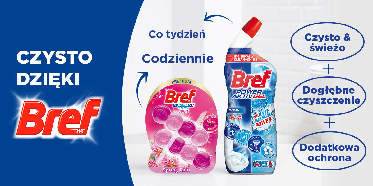 Kostka do WC BREF Brilliant Gel All in 1 Wiosenny deszcz Czysto dzięki Bref Zestawienie dwóch produktów Bref WC: żelowej zawieszki Brilliant Gel All-in-1 Spring Rain i butelki żelu Bref Power Aktiv Gel. Tekst sugeruje stosowanie zawieszki Codziennie i żelu do butelki Co tydzień. Po prawej stronie lista korzyści: Czysto & świeżo + Dogłębne czyszczenie + Dodatkowa ochrona. Główny tekst: CZYSTO DZIĘKI Bref WC.