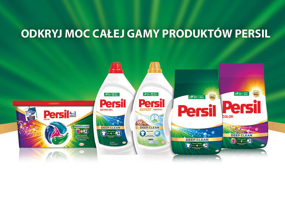 Kapsułki do prania PERSIL Reklama Persil. Na zielonym tle różne produkty do prania Persil w opakowaniach: proszek w pudełku Color 4in1 Discs, żel Active Gel, żel Expert Sensitive, worek z proszkiem i worek z proszkiem Color. U góry nagłówek: Odkryj moc całej gamy produktów Persil
