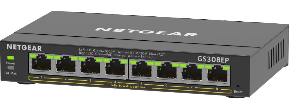 Na obrazie widoczny jest czarny switch sieciowy z ośmioma portami Ethernet, oznaczony jako GS308EP. Na urządzeniu znajduje się logo NETGEAR oraz wskaźniki LED nad portami.