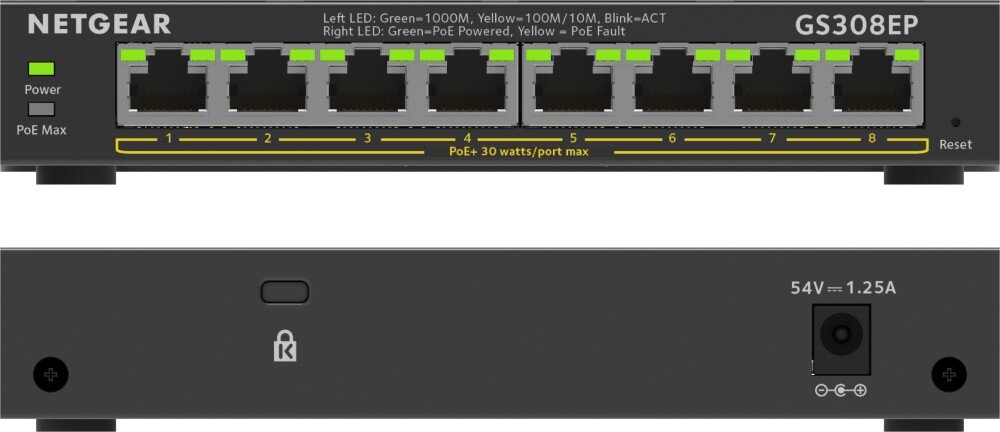 Obraz przedstawia switch NETGEAR GS308EP z ośmioma portami Ethernet, z oznaczeniami LED dla każdego portu. Na urządzeniu widoczne są napisy: \'Left LED: Green=1000M, Yellow=100M/10M, Blink=ACT\', \'Right LED: Green=PoE Powered, Yellow=PoE Fault\', oraz \'PoE 30 watts/port max\'.